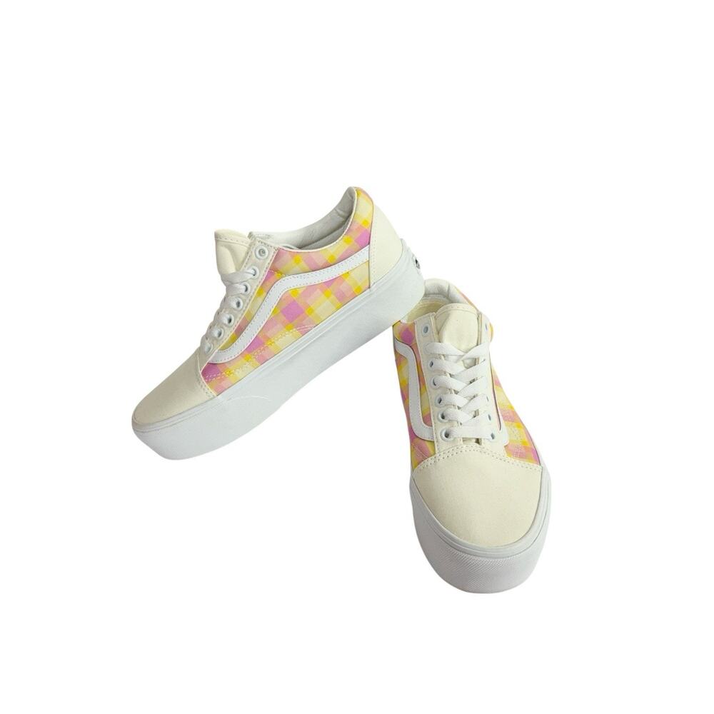 VANS Old Skool Stackform Platform Pastel Picnic Pink Plaid Shoes Women's 8.5